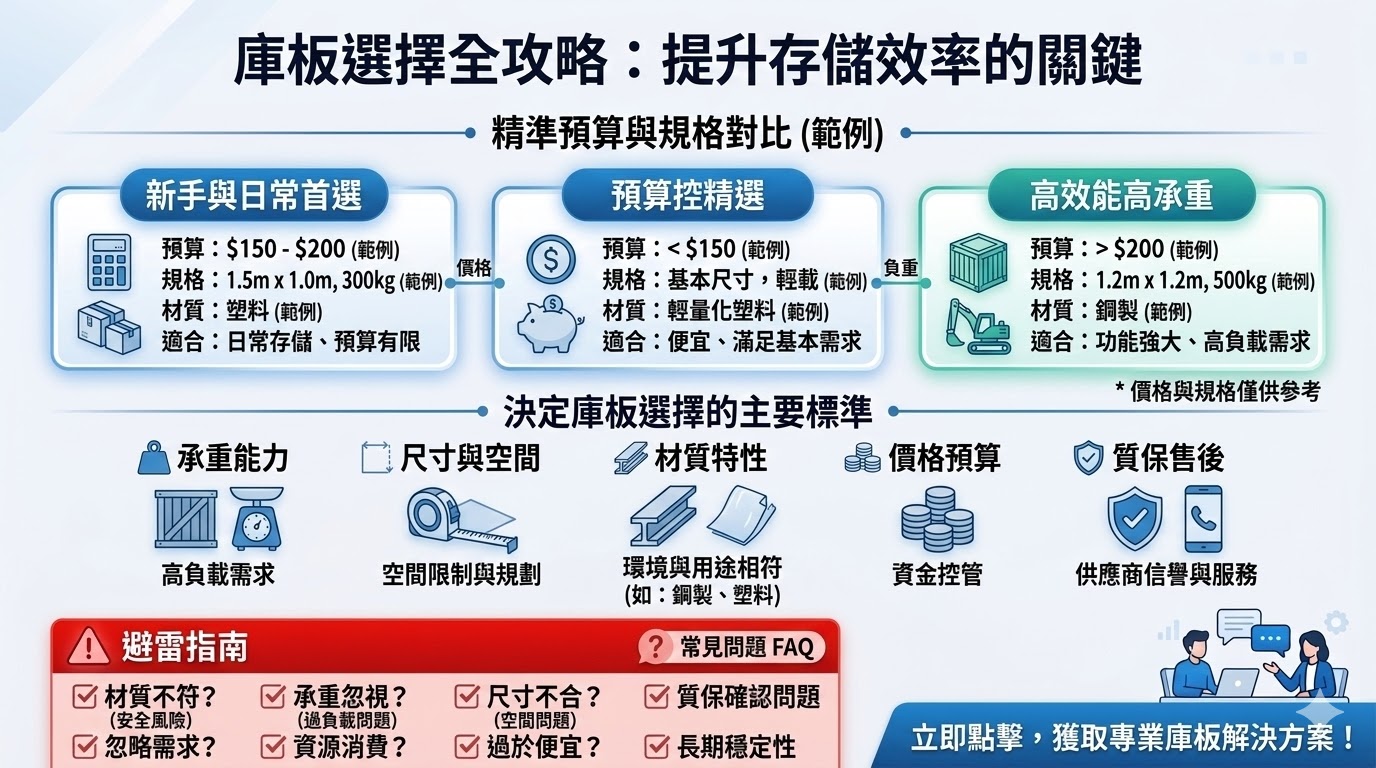 庫板是一種常用於倉儲、物流與工業環境中的存儲裝置，主要用來放置和管理各種物品。根據不同的使用需求，庫板有多種材質、尺寸與承重能力可供選擇。選擇合適的庫板可以提高空間利用率，改善物品管理效率，並確保存儲過程的安全性。在選擇庫板時，承重能力與材質是兩個重要的考量因素，這將直接影響使用效果及耐用度。